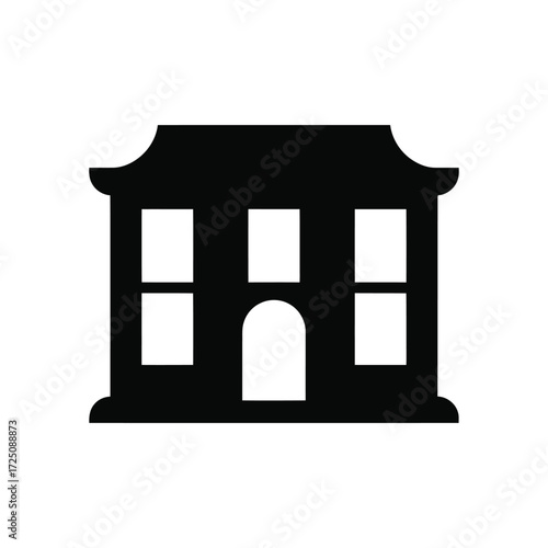 Black Icon Depicting Courthouse Building With Columns And Arched Entrance Isolated on White