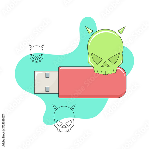 Flash drive containing a virus. Hacker. Hacking. Cybersecurity. Vector illustration