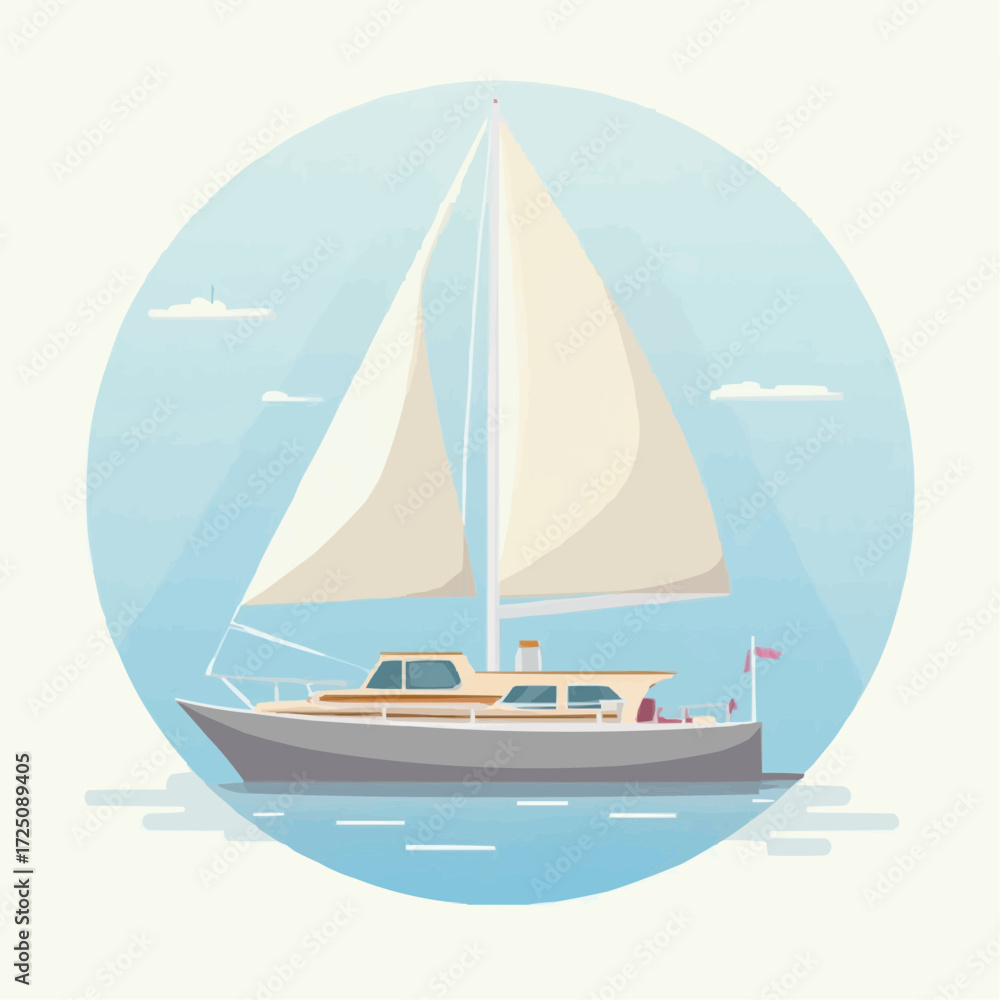 Fototapeta premium A sleek white sailboat glides across calm blue water under a bright sky with fluffy clouds, an idyllic scene of maritime leisure and adventure
