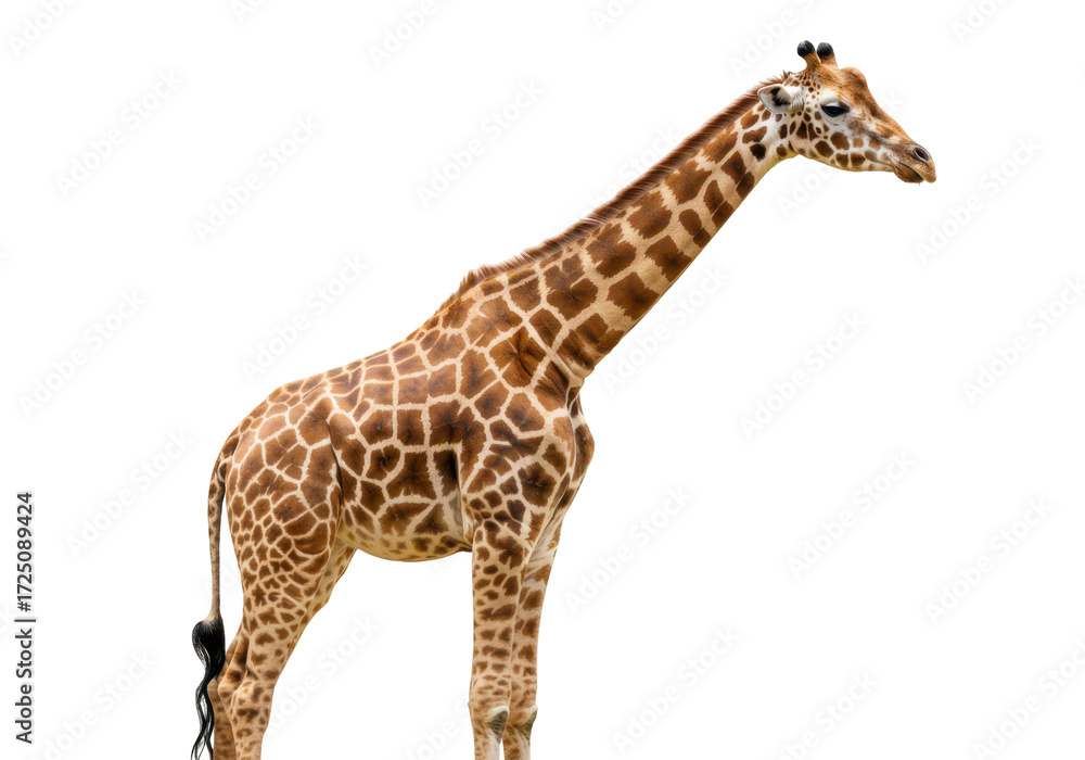 Naklejka premium Isolated giraffe standing, elegant spotted animal, natural long neck, tall, Africa