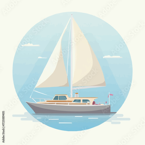 A sleek white sailboat glides across calm blue water under a bright sky with fluffy clouds, an idyllic scene of maritime leisure and adventure