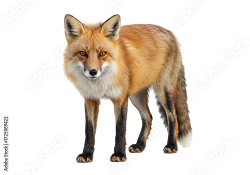Isolated red fox standing alert looking straight, wildlife animal species on plain backdrop