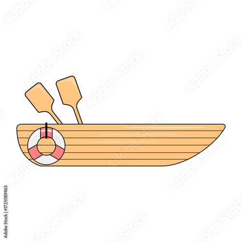 Wooden boat with oars and lifebuoy. Vector illustration