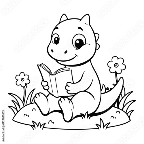 Adorable cartoon baby dinosaur character sitting on a grassy mound reading a book surrounded by small flowers isolated on white background