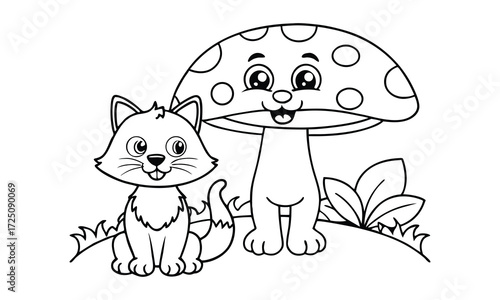 Cute cartoon kitten sitting next to a happy smiling mushroom with spots and leaves in a whimsical forest scene isolated on white background