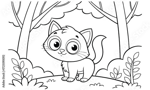 Adorable cartoon kitten with big eyes sitting in a forest clearing surrounded by trees and foliage perfect for children s coloring pages and illustrations isolated on white background