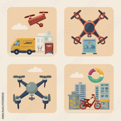 A diverse collection of flat vector illustrations depicting modern logistics, including drone delivery, a transport van, and an urban courier scooter
