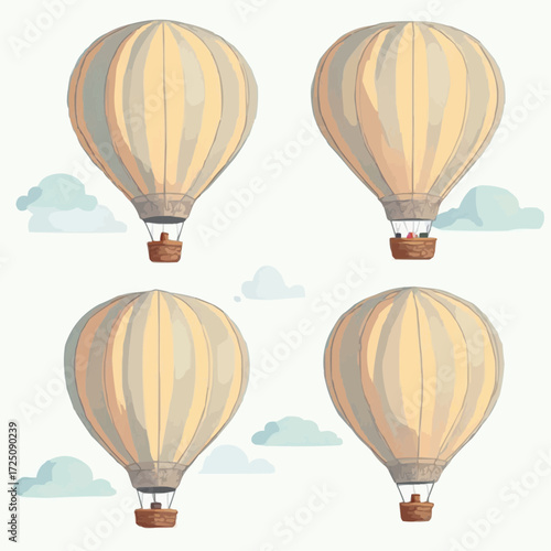 Vector illustration set of four retro style hot air balloons with baskets, isolated for travel and adventure design elements