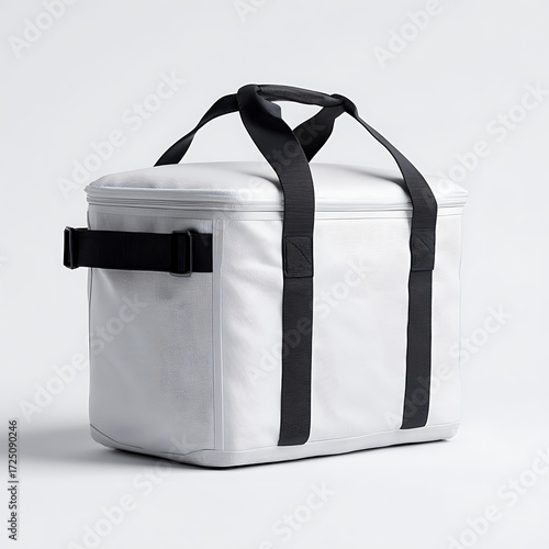 White textured cooler bag with black handles and strap