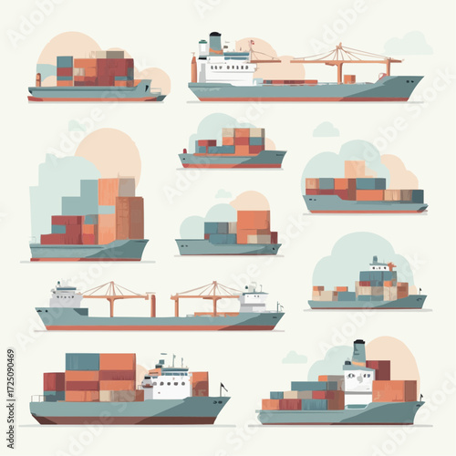 A large container freight ship navigates the sea, transporting cargo for the shipping industry near a port and dock