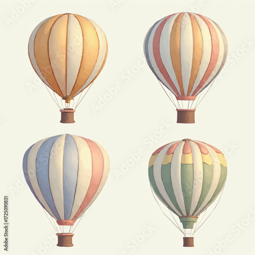Colorful hot air balloons fly across the blue sky, offering an illustration of travel and adventure