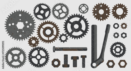 Industrial Gears and Cogs Arrangement, Workshop, Metal Parts, Illustration, Rustic Environment, Top View, Engineering Concept