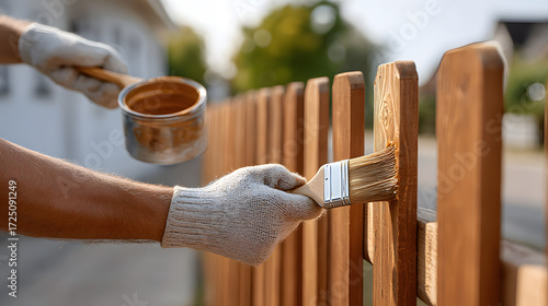 Person applying stain on a wooden fence. The image showcases the process of painting a wooden fence, with a brush in hand, and gloves