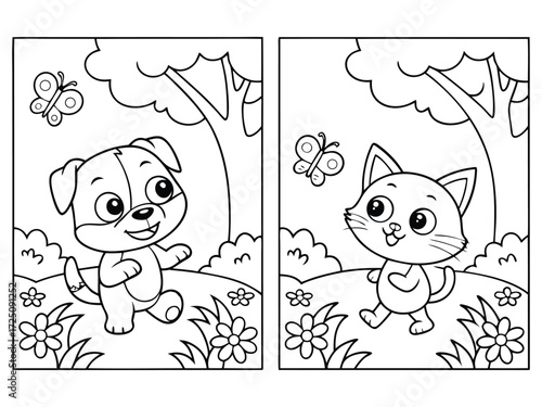 Adorable cartoon puppy and kitten playing in a meadow with butterflies and flowers a delightful illustration for children s coloring books and educational materials isolated on white background