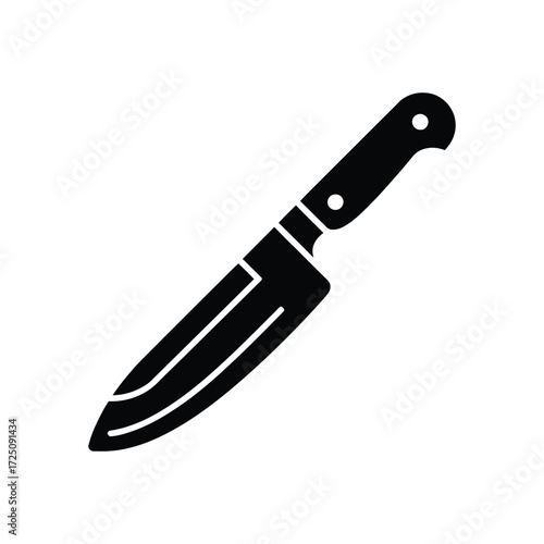 Black Kitchen Knife Icon with Sharp Blade on White Background