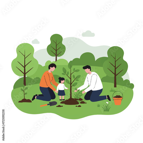 Family plants a tree sapling in a green park with gardening tools, depicting environmental conservation and nature care in a simplified 2D flat vector illustration.
