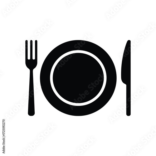Black Plate Icon Fork And Knife Place Setting Symbol Isolated