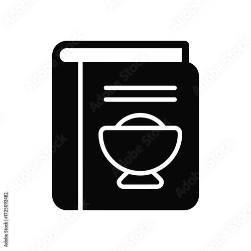 Black Recipe Book Icon with Dessert Bowl Illustration on White Background