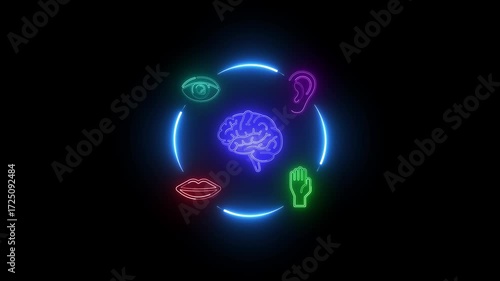Neon brain surrounded by glowing icons of human senses sight hearing taste touch in a circular motion on black background conceptual representation of sensory perception and cognition