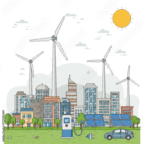 Green energy powers a modern cityscape illustration, with giant wind turbines and rooftop solar panels charging an electric car under a bright sun.