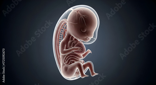 medical illustration of human embryo developing in womb