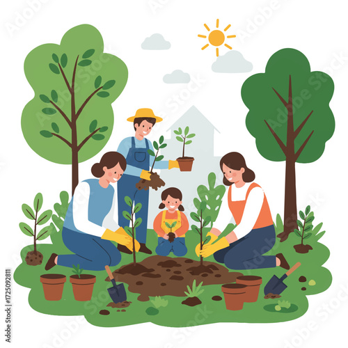 Joyful family with adults and children happily planting saplings in a vibrant community garden amidst lush greenery and essential gardening tools, 2D flat vector illustration.