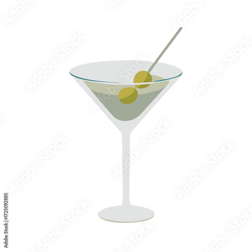 Classic Dry Martini Cocktail with Green Olives and Swizzle Stick Vector Illustration