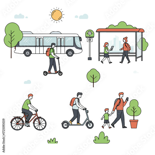 Sustainable urban commuting 2D flat vector: a cyclist, scooter user, and family walk to a bus stop with green spaces on a white backdrop.