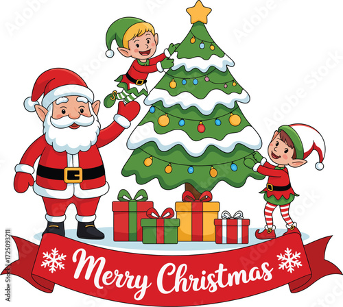 Santa and elves cheerfully decorate a Christmas tree with presents