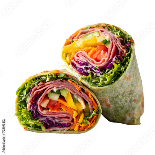 A vibrant sliced green wrap with generic meat, lettuce, tomato, cucumber, and red cabbage against transparent background. Healthy, colorful, and delicious food concept.
