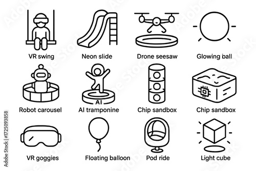 Futuristic playground icons featuring interactive tech for modern entertainment
