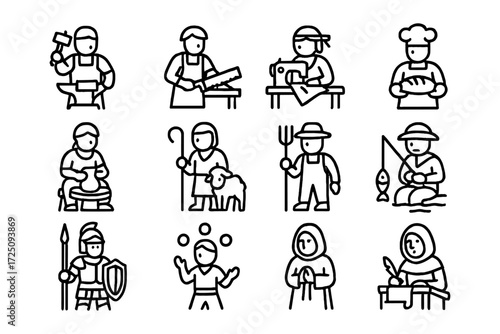 Linear icons of traditional professions: blacksmith, baker, seamstress, farmer, and more