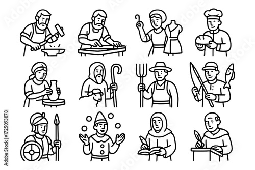 Ancient occupations: linear icons of historical professions and artisans