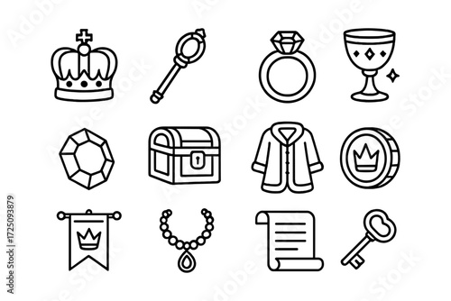 Royalty symbols collection: crown, scepter, jewelry, chest, key, and more in linear style