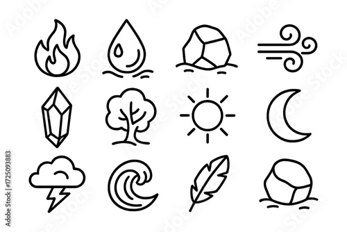 Minimalist linear icons representing natural elements such as fire, water, and tree