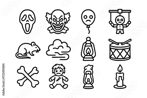 Spooky halloween icons: masks, clowns, puppets, and more in black outline