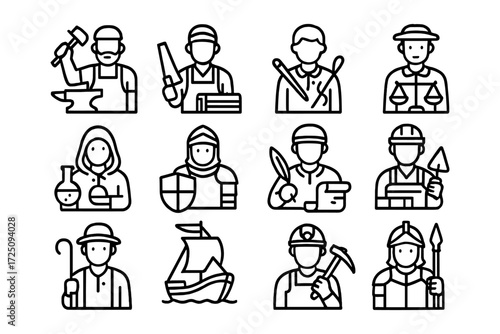 Linear icons of historical figures and professions