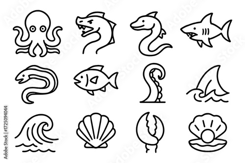 Marine icons: simple outline designs of sea creatures and ocean elements