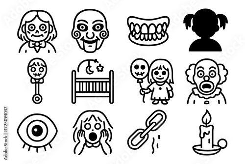 Creepy halloween icons collection featuring clowns, dolls, and spooky elements in linear style