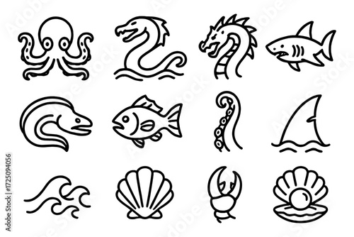 Marine symbols collection featuring sea creatures and ocean elements in bold line style