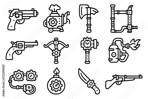 Steampunk weaponry icons set: guns, axes, and gear designs in outline style