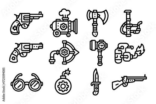 Steampunk weapon icons collection in linear style - guns, axes, tools, goggles, and bombs
