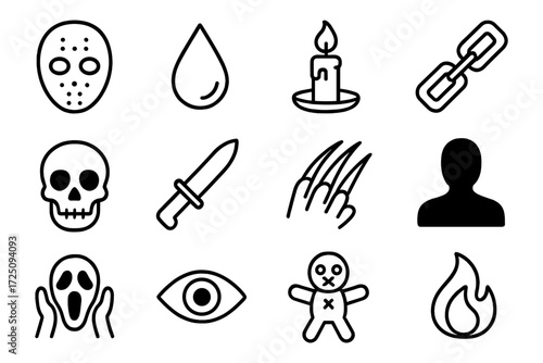 Horror icons collection in bold black outline featuring skulls, knives, and creepy symbols