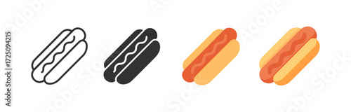 Hot dog icon set: outline, solid, and color variations for modern design