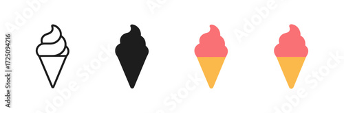 Minimalist ice cream cone icons in linear, solid, and flat styles