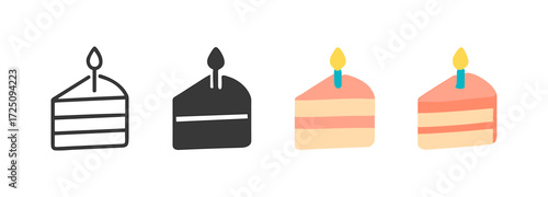 Cake slice icons: outline, solid, flat styles with candle