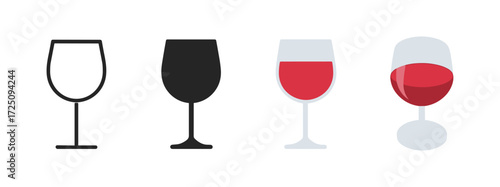 Variety of wine glasses: minimalist icons with red wine in modern styles