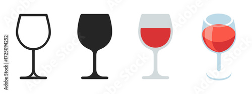 Wine glass icons in diverse styles: outline, solid, flat, and gradient