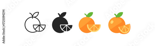 Minimalist and colorful fruit icons in various styles with orange slice