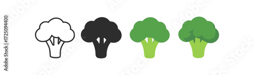Broccoli icons in different styles: outline, silhouette, solid, and flat color variations